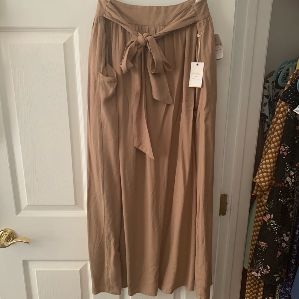 Tan Tie Waist Midi Skirt